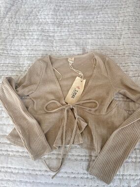New Ribbed Tie-Front Long Sleeve Cardigan Tan/Beige Size S